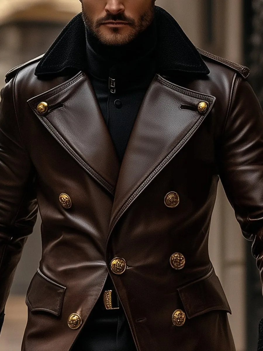 【24-hour shipping】Business Vintage Leather Double Breasted Overcoat