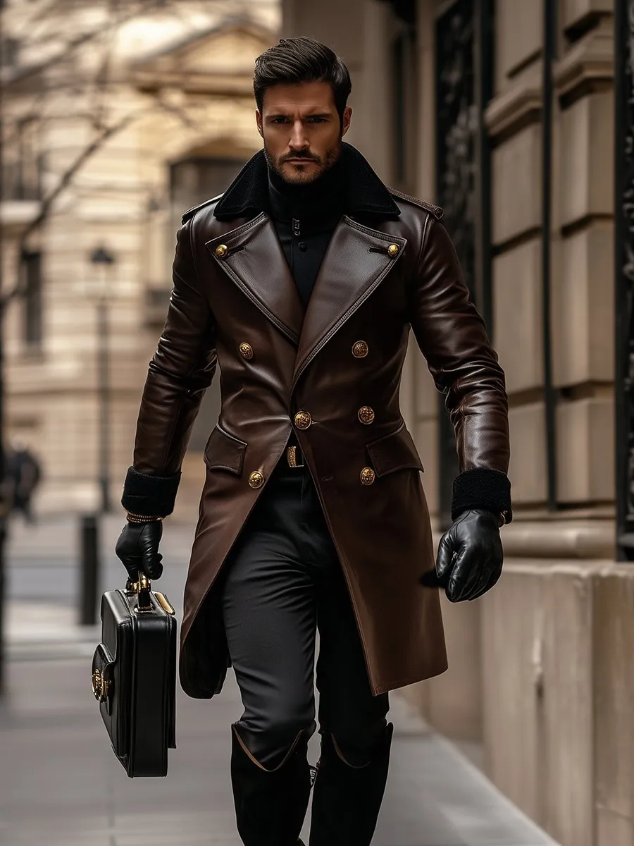 【24-hour shipping】Business Vintage Leather Double Breasted Overcoat