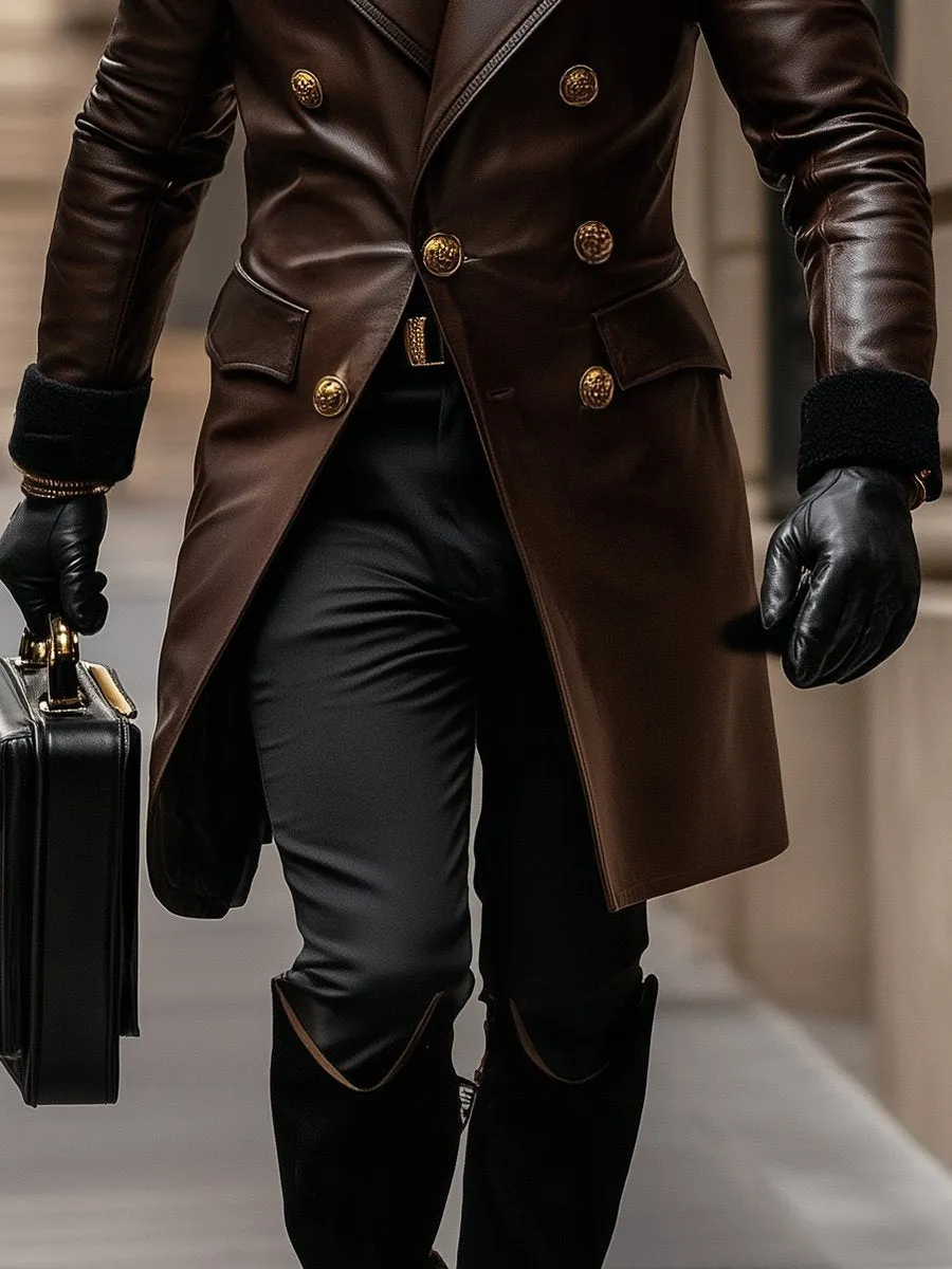 【24-hour shipping】Business Vintage Leather Double Breasted Overcoat