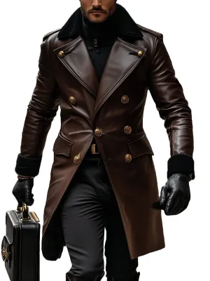 【24-hour shipping】Business Vintage Leather Double Breasted Overcoat