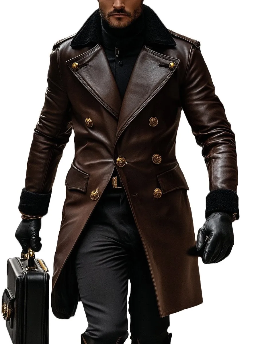 【24-hour shipping】Business Vintage Leather Double Breasted Overcoat