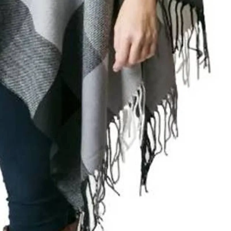 Black & White Check Plaid Button Fringe Poncho Shawl Scarf