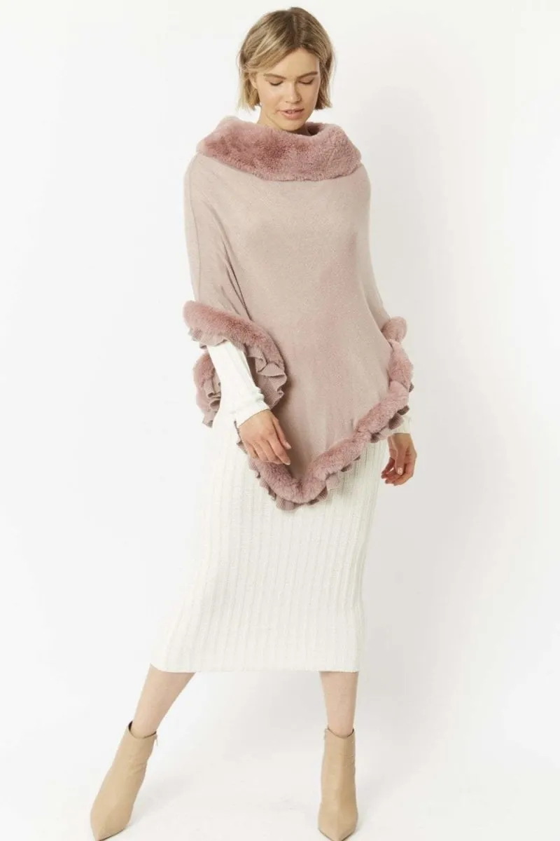 Blush Pink Faux Fur Trim Poncho