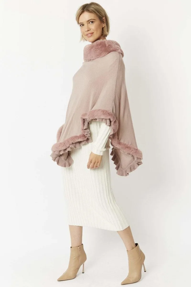 Blush Pink Faux Fur Trim Poncho