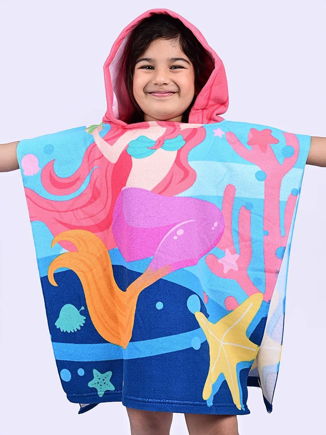 Dreamy Mermaid Hooded Poncho Towel for Girls– Multicolor, 120 x 60 cm
