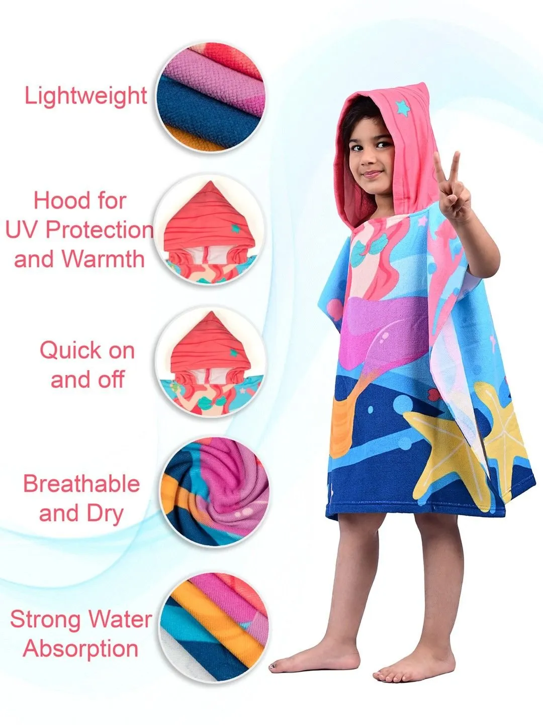 Dreamy Mermaid Hooded Poncho Towel for Girls– Multicolor, 120 x 60 cm