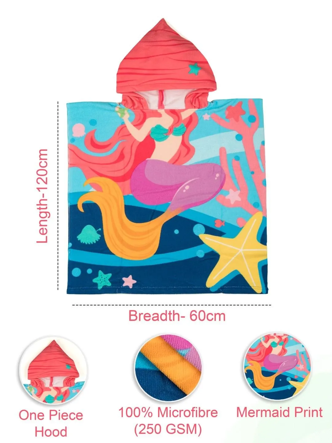 Dreamy Mermaid Hooded Poncho Towel for Girls– Multicolor, 120 x 60 cm