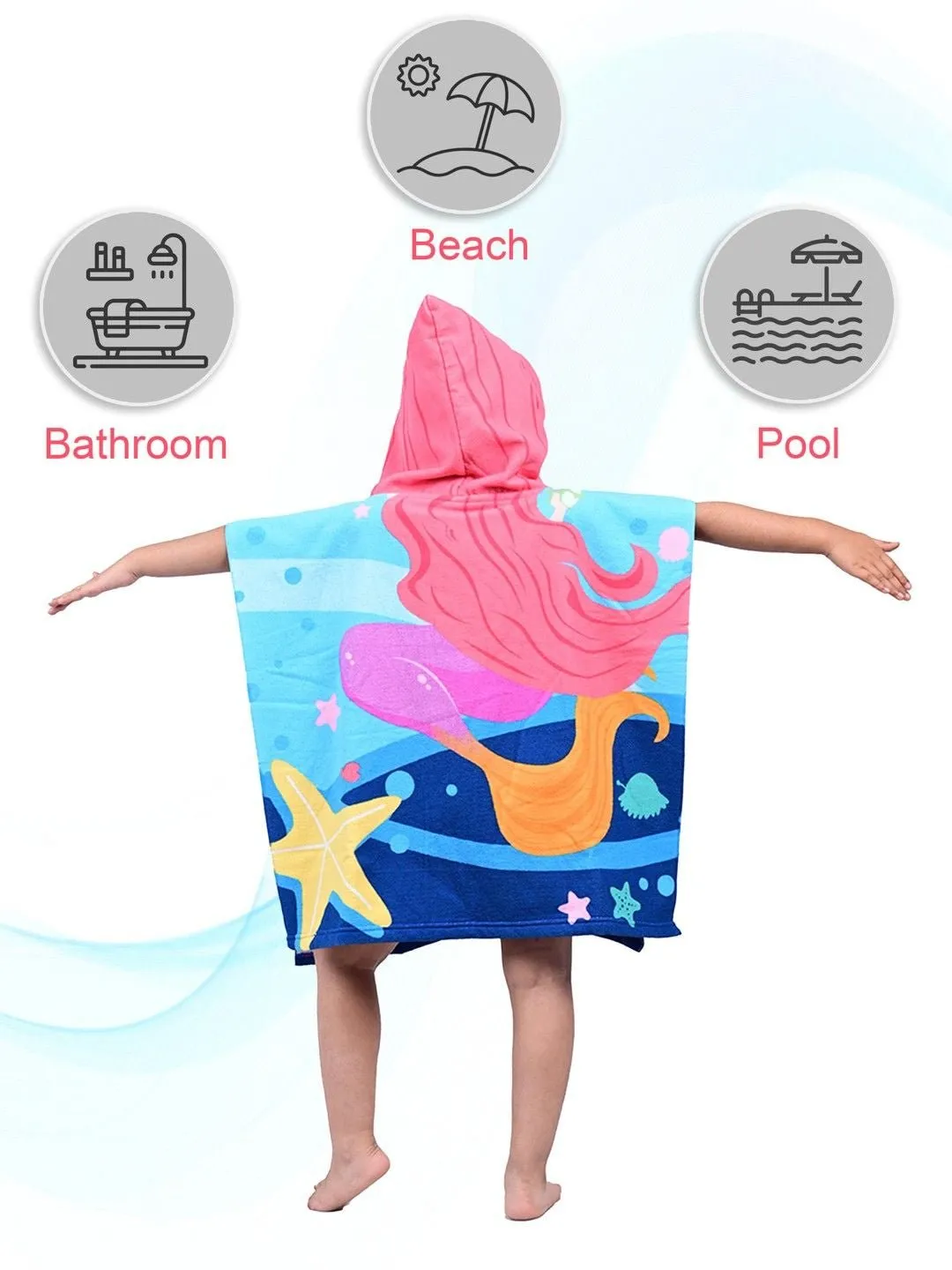 Dreamy Mermaid Hooded Poncho Towel for Girls– Multicolor, 120 x 60 cm