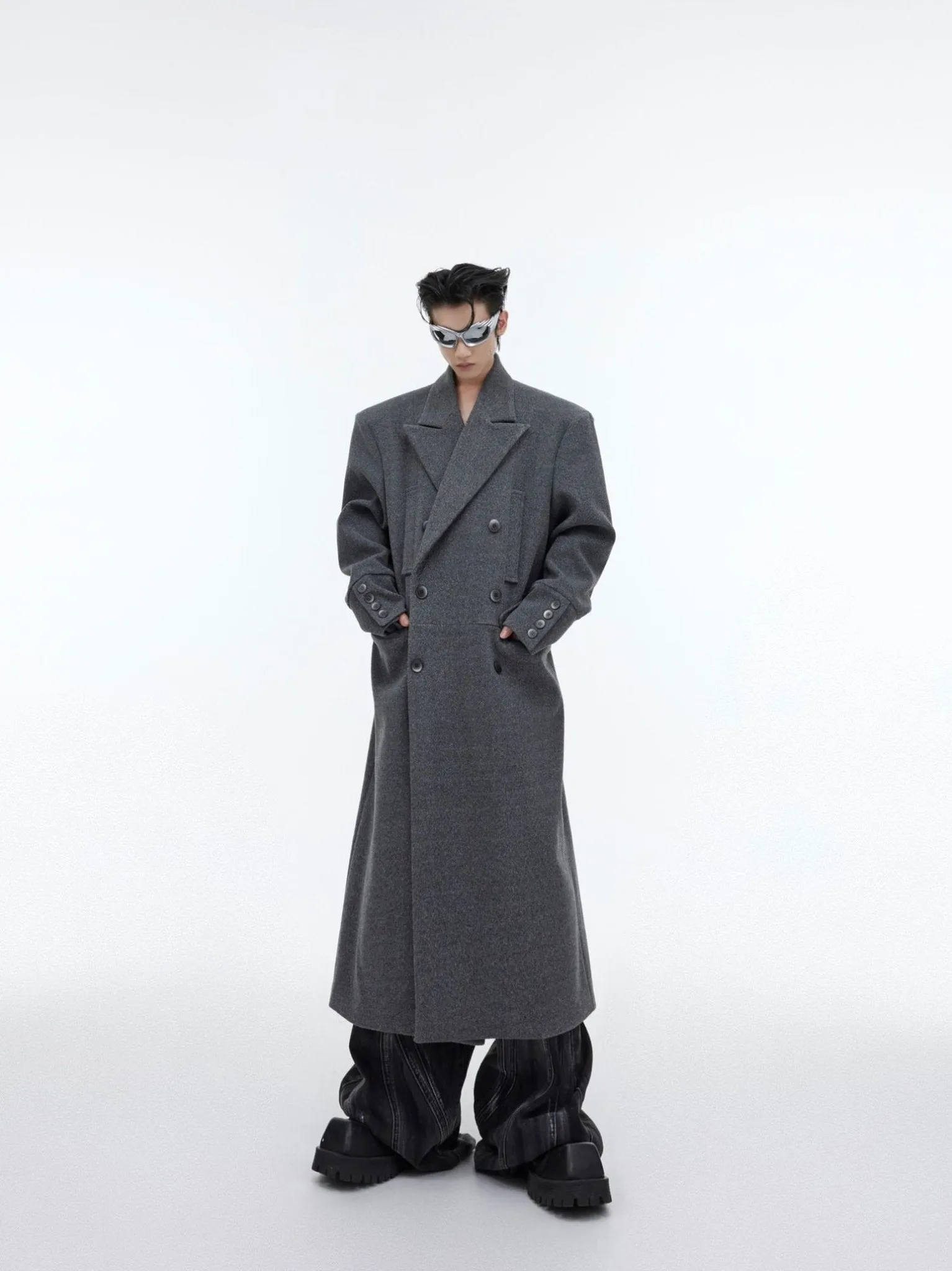 Edgy Structured Shoulder Woolen Overcoat | Minimalist Longline Trench