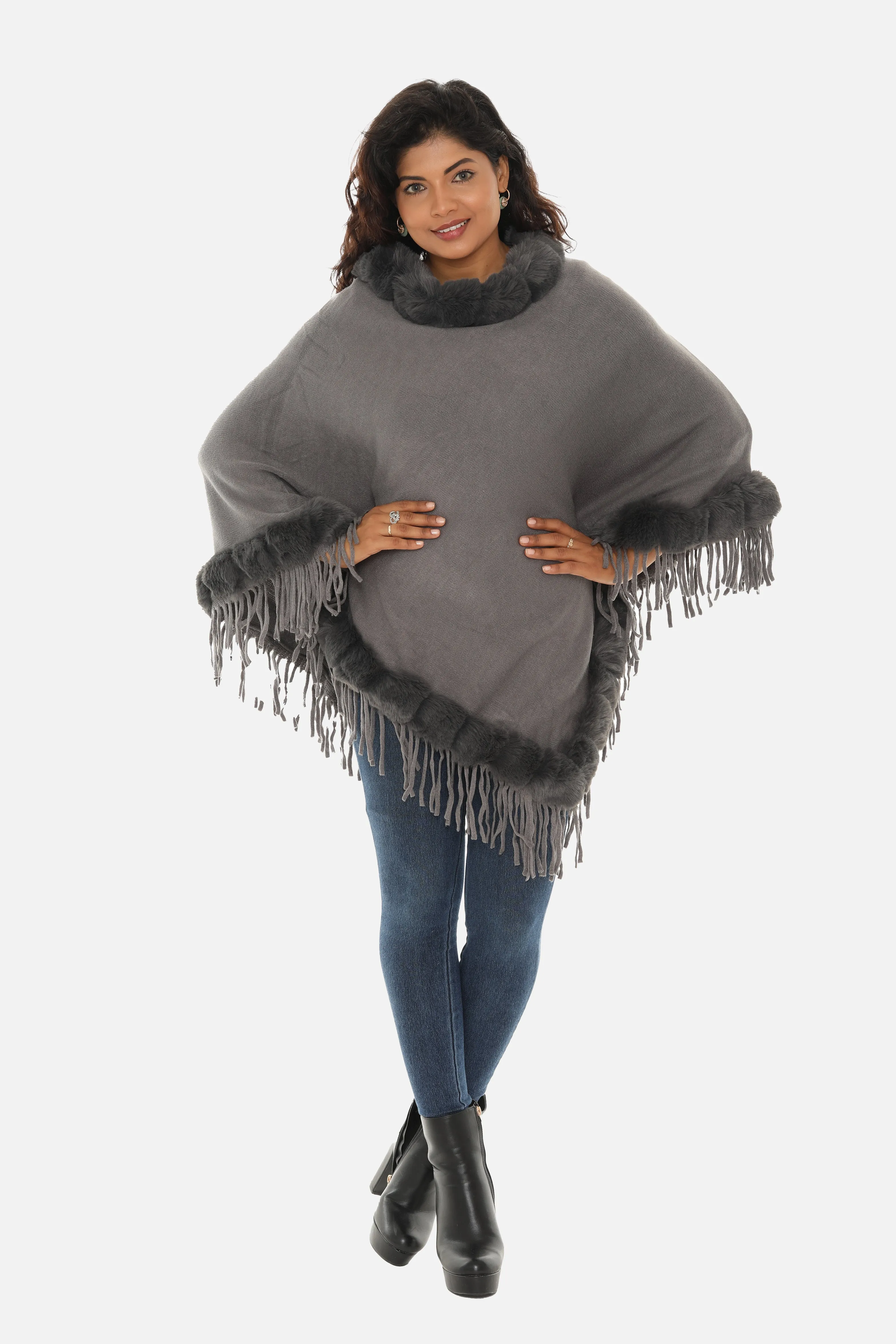 Faux Fur Solid Trimmed Poncho