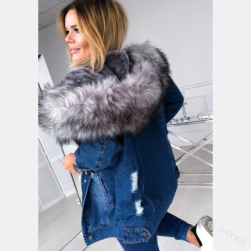 Hooded Fur Denim Jacket