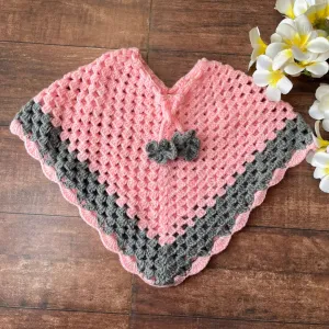 Infant's Pink & Grey Hand-Knitted Woollen Poncho For Girl's