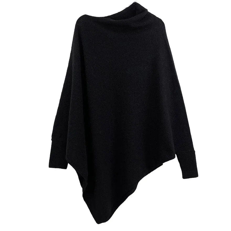 Long Sleeve Solid Color Poncho in Black
