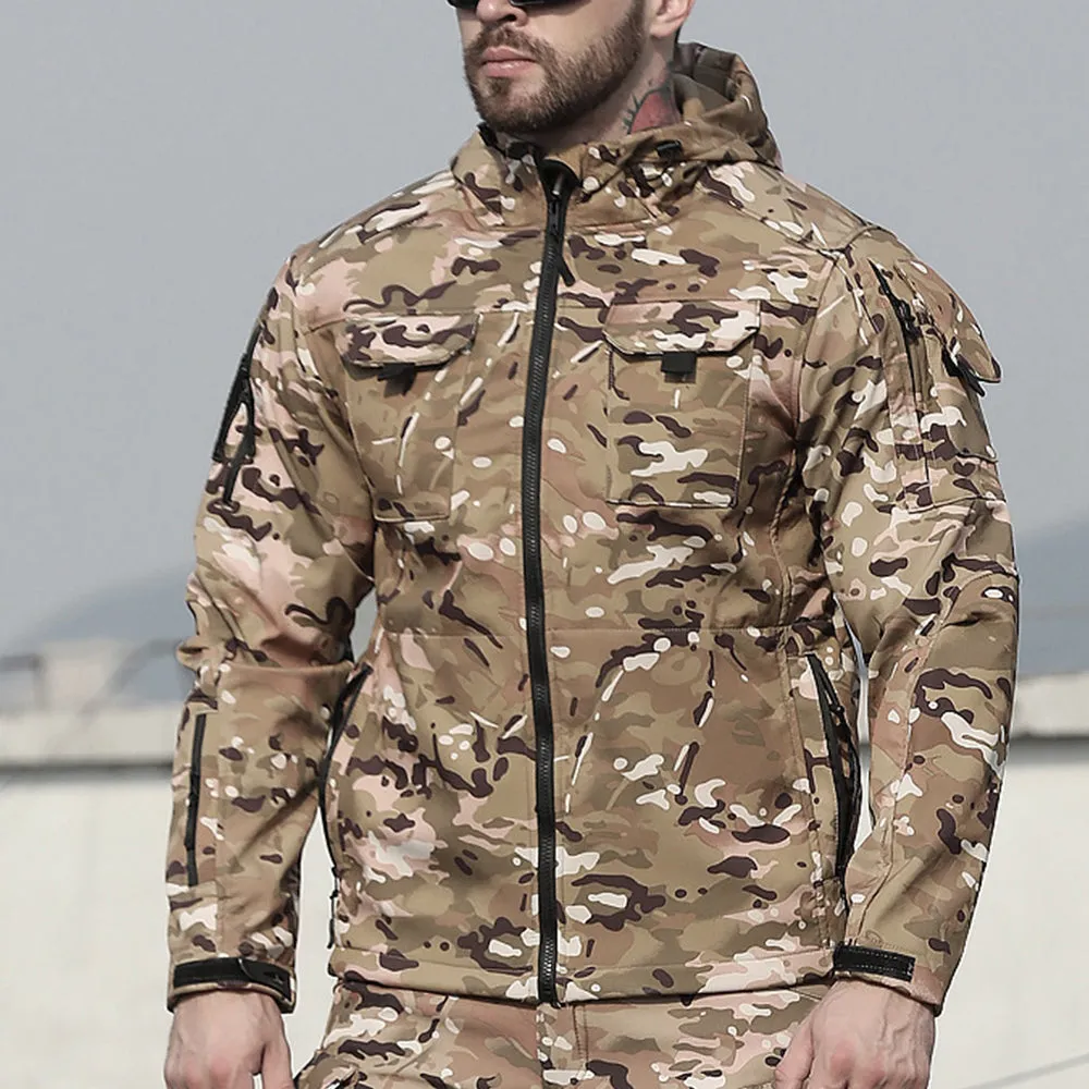 Men’s Softshell Camo Military Tactical Fleece Jacket with Removable Hood