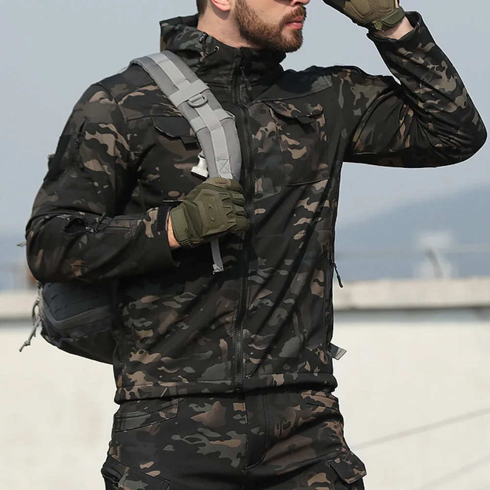 Men’s Softshell Camo Military Tactical Fleece Jacket with Removable Hood