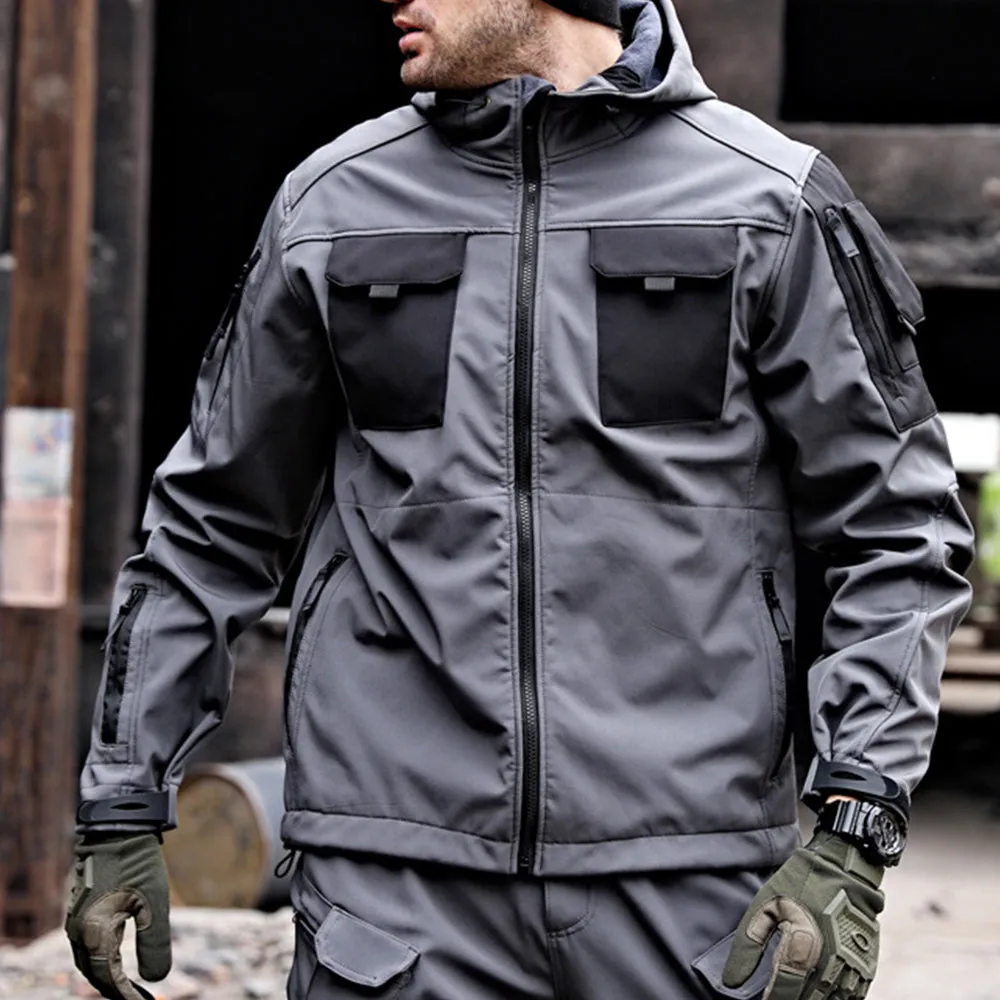 Men’s Softshell Camo Military Tactical Fleece Jacket with Removable Hood