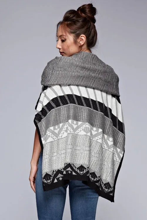 Multi-patterned Cowl Neck Poncho