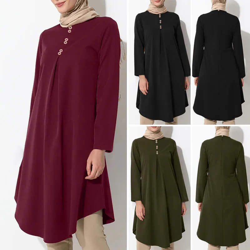 Muslim Solid Color Long Sleeve Tuxedo Dress