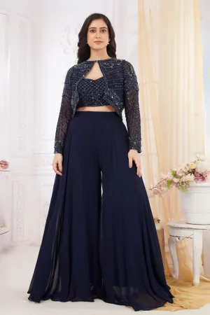 Navy Blue Sequins and Beads work Crop Top with Overcoat Styled Palazzo Suit Set