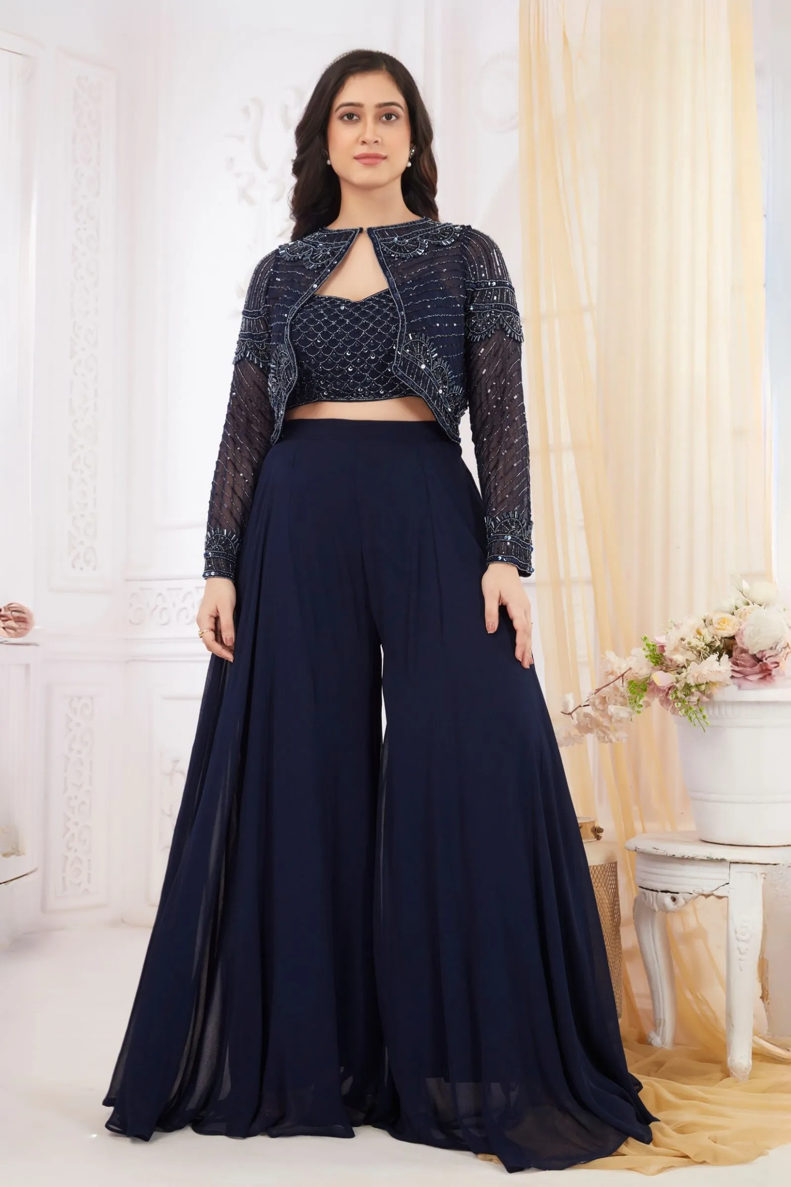 Navy Blue Sequins and Beads work Crop Top with Overcoat Styled Palazzo Suit Set