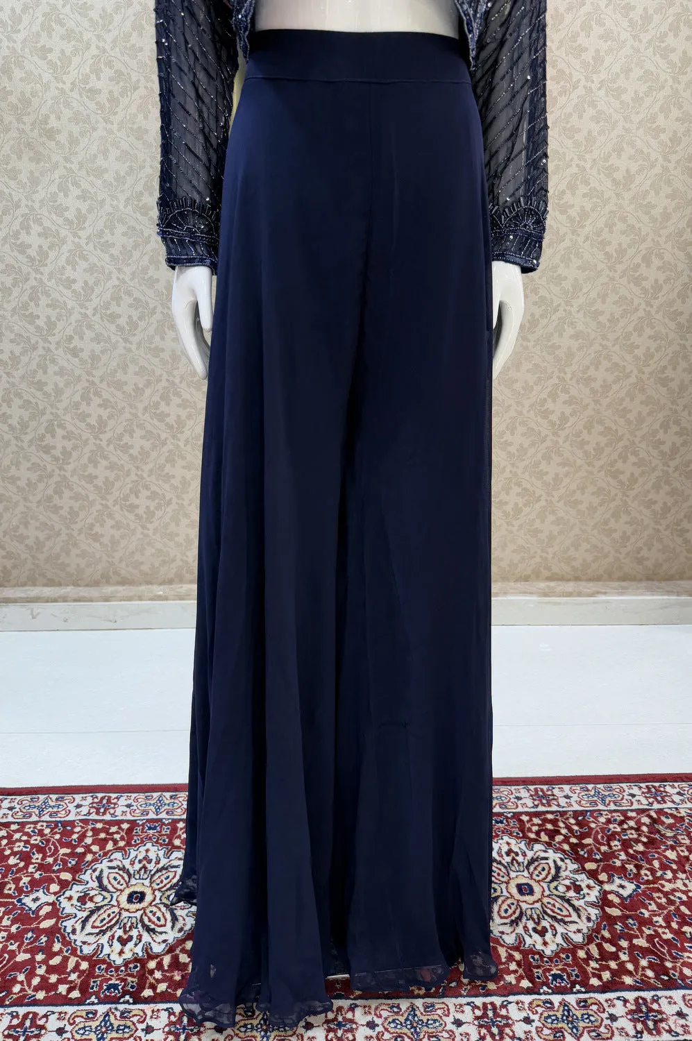Navy Blue Sequins and Beads work Crop Top with Overcoat Styled Palazzo Suit Set
