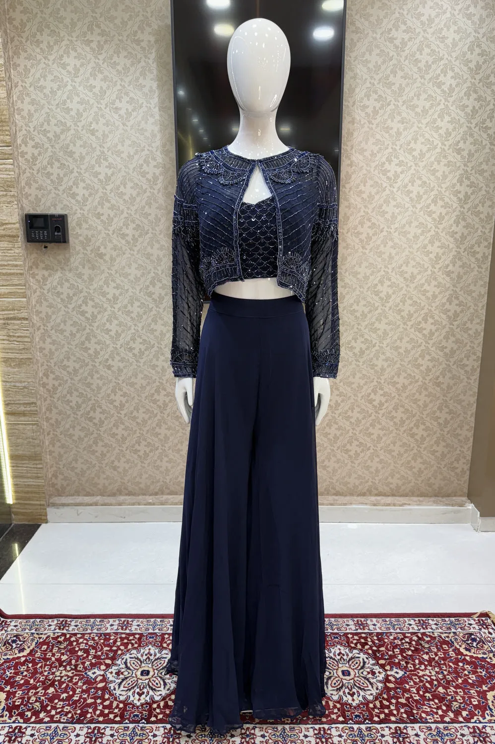 Navy Blue Sequins and Beads work Crop Top with Overcoat Styled Palazzo Suit Set