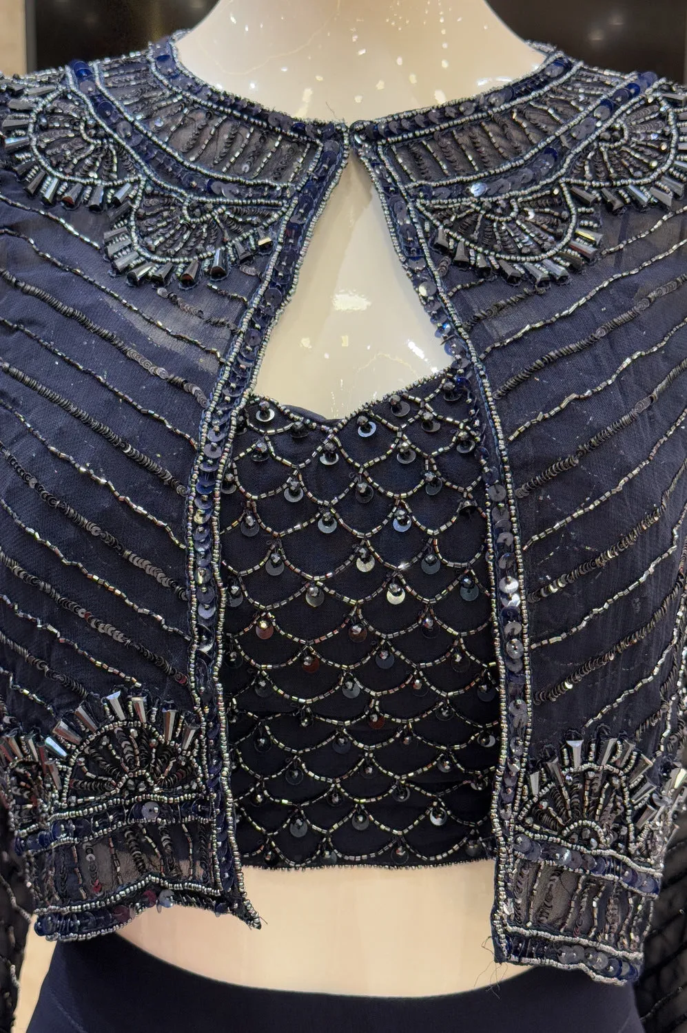 Navy Blue Sequins and Beads work Crop Top with Overcoat Styled Palazzo Suit Set