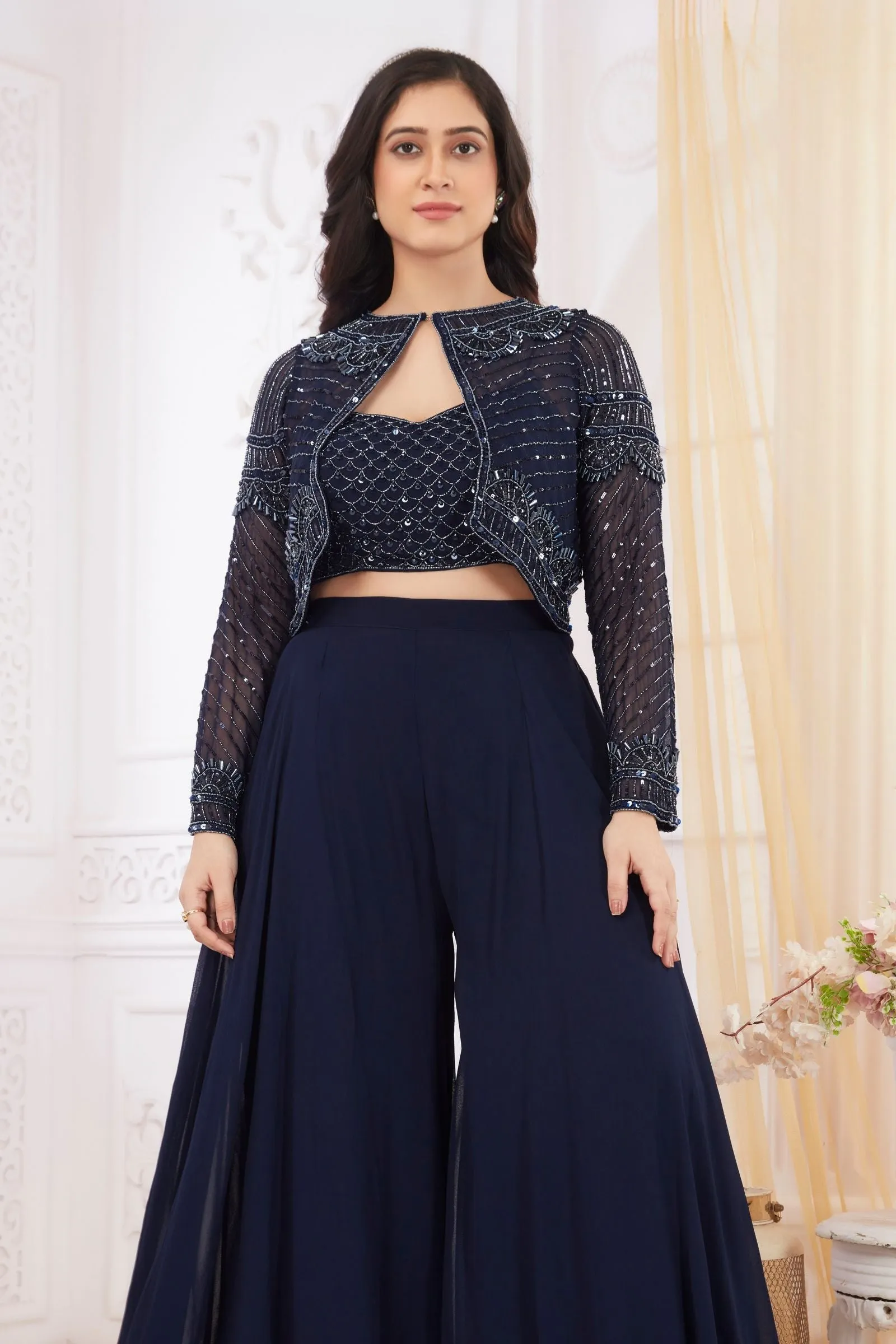 Navy Blue Sequins and Beads work Crop Top with Overcoat Styled Palazzo Suit Set