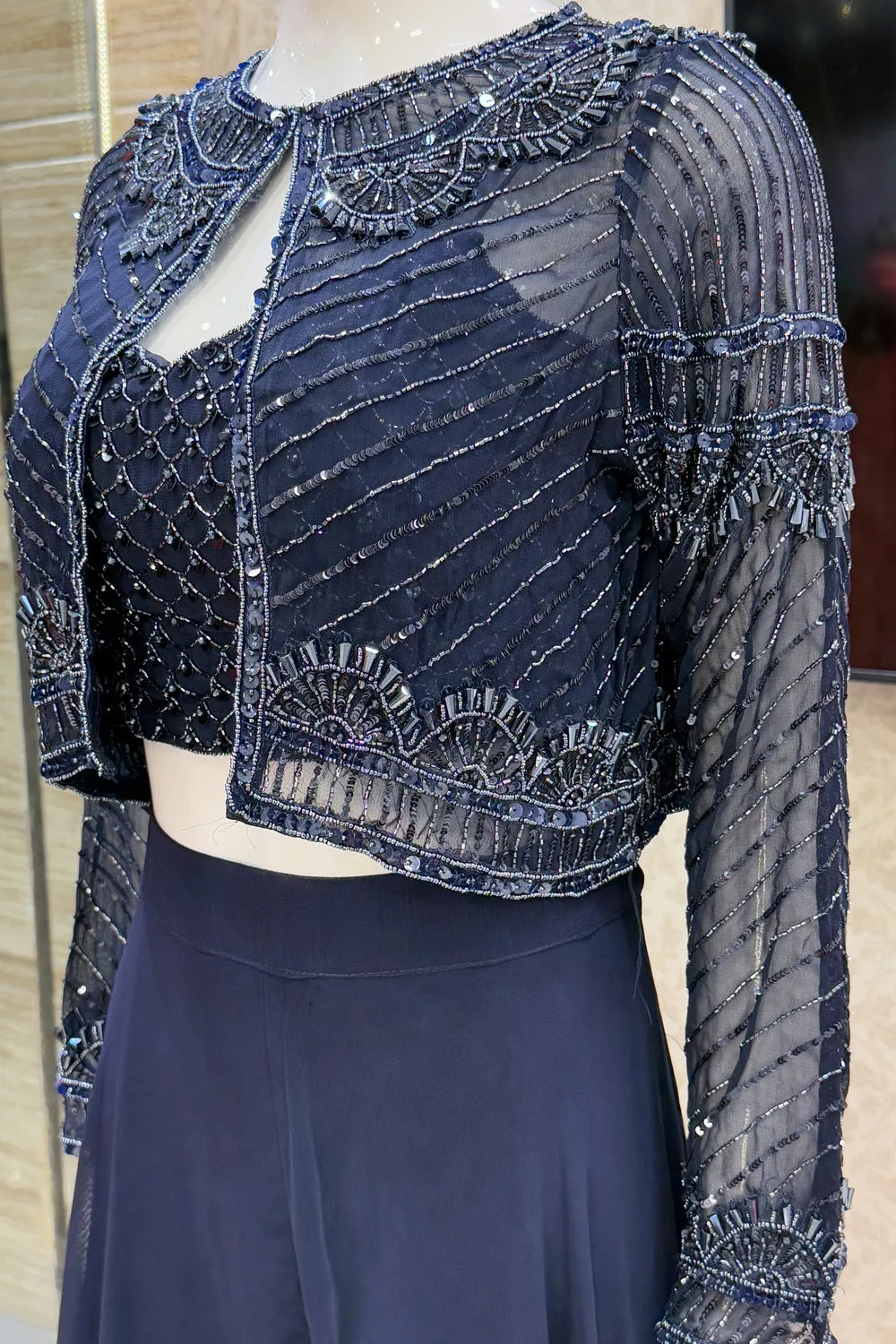 Navy Blue Sequins and Beads work Crop Top with Overcoat Styled Palazzo Suit Set