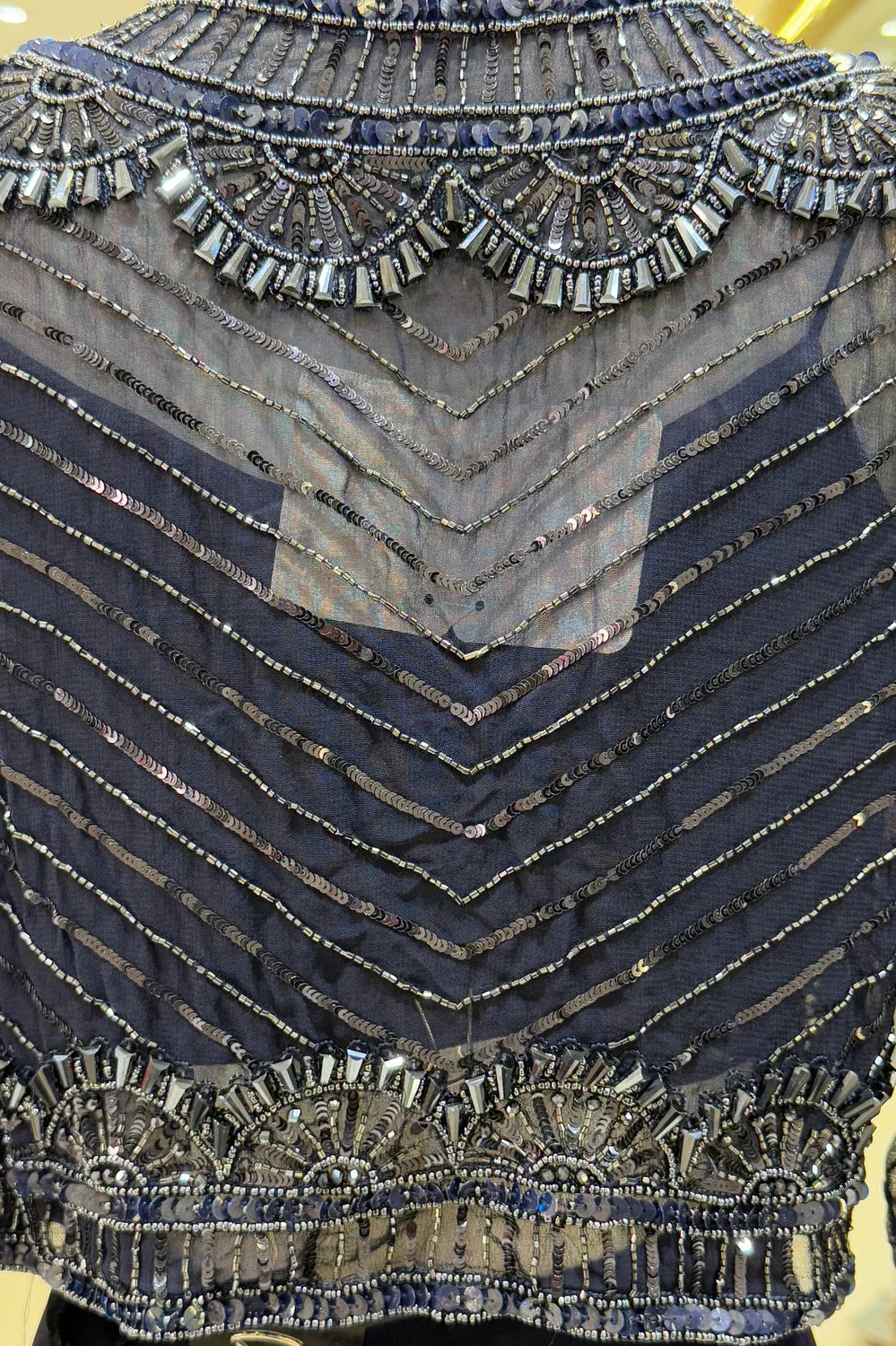 Navy Blue Sequins and Beads work Crop Top with Overcoat Styled Palazzo Suit Set