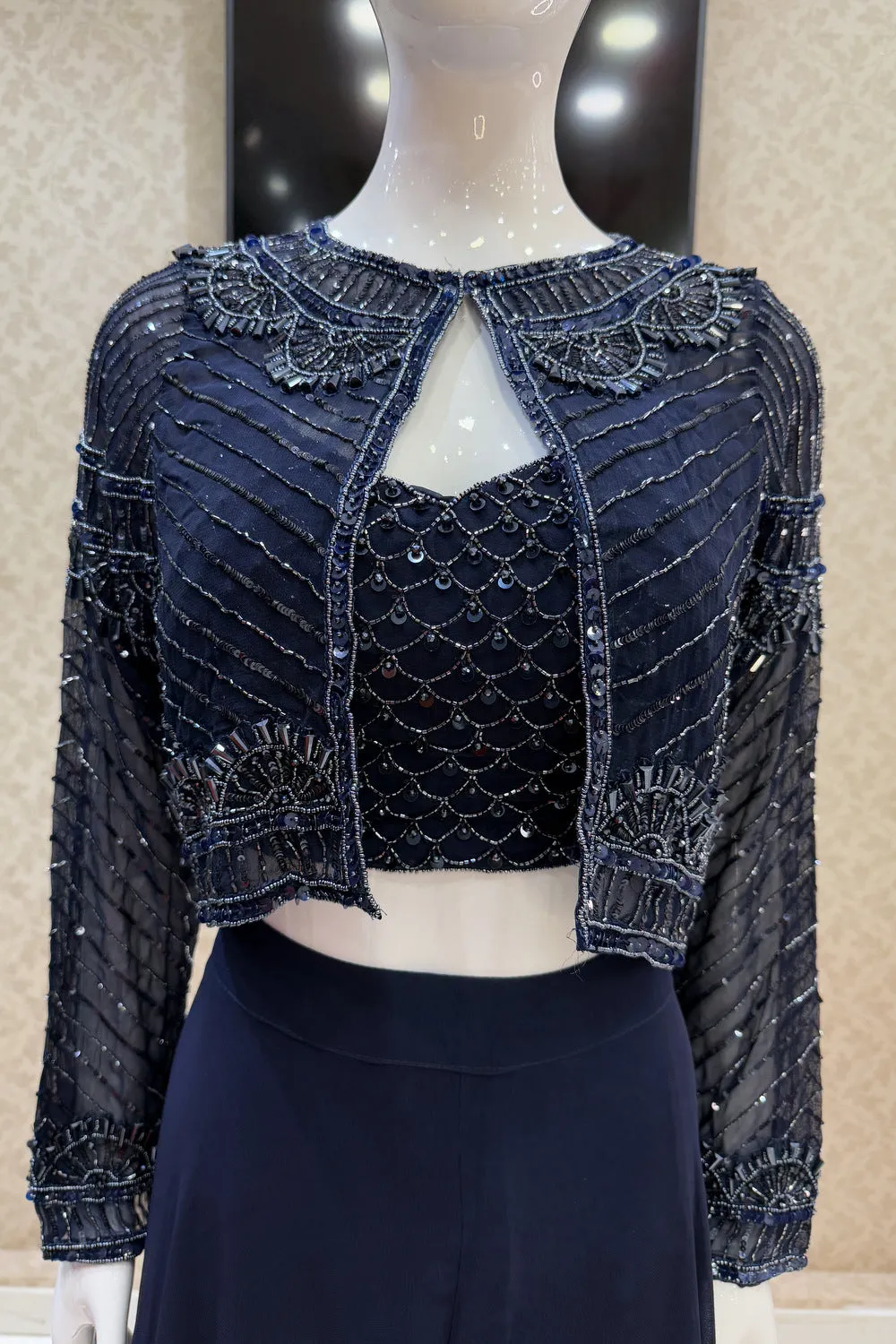 Navy Blue Sequins and Beads work Crop Top with Overcoat Styled Palazzo Suit Set