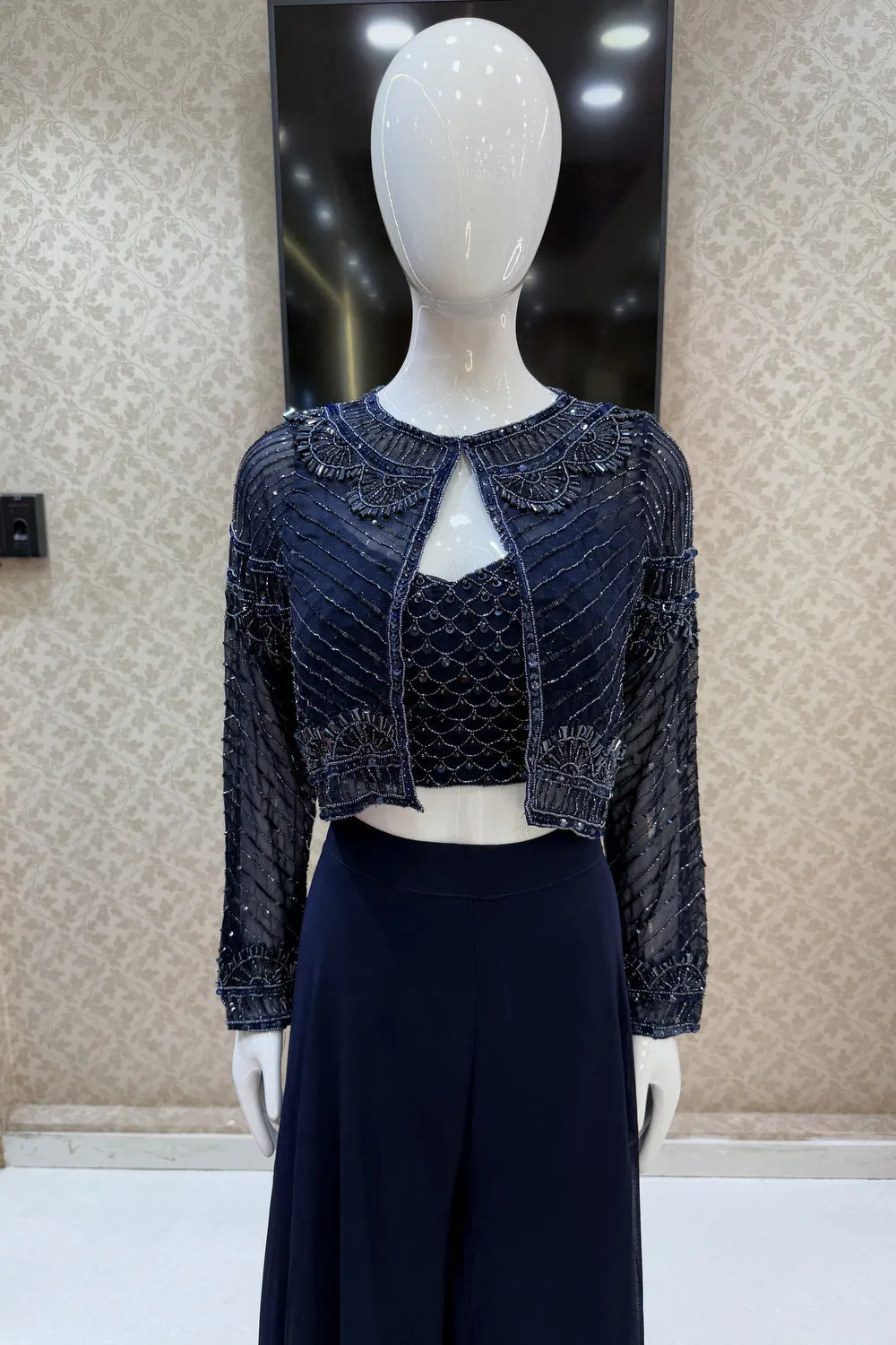 Navy Blue Sequins and Beads work Crop Top with Overcoat Styled Palazzo Suit Set