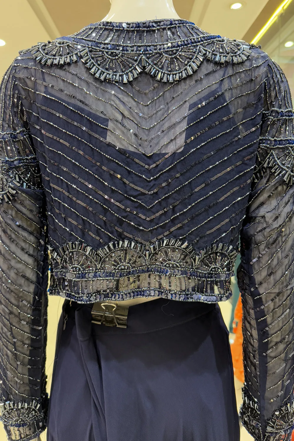 Navy Blue Sequins and Beads work Crop Top with Overcoat Styled Palazzo Suit Set