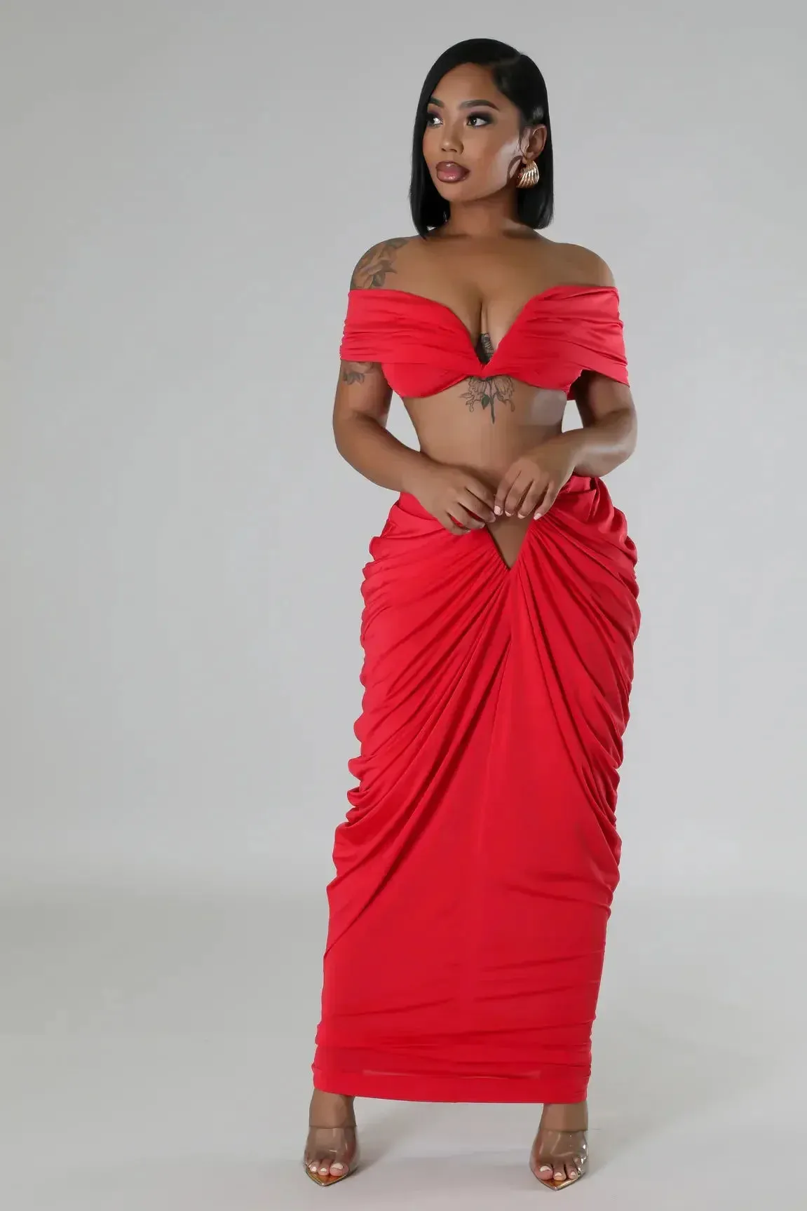 Pleated Strapless Crop Top and Long Skirt Suit
