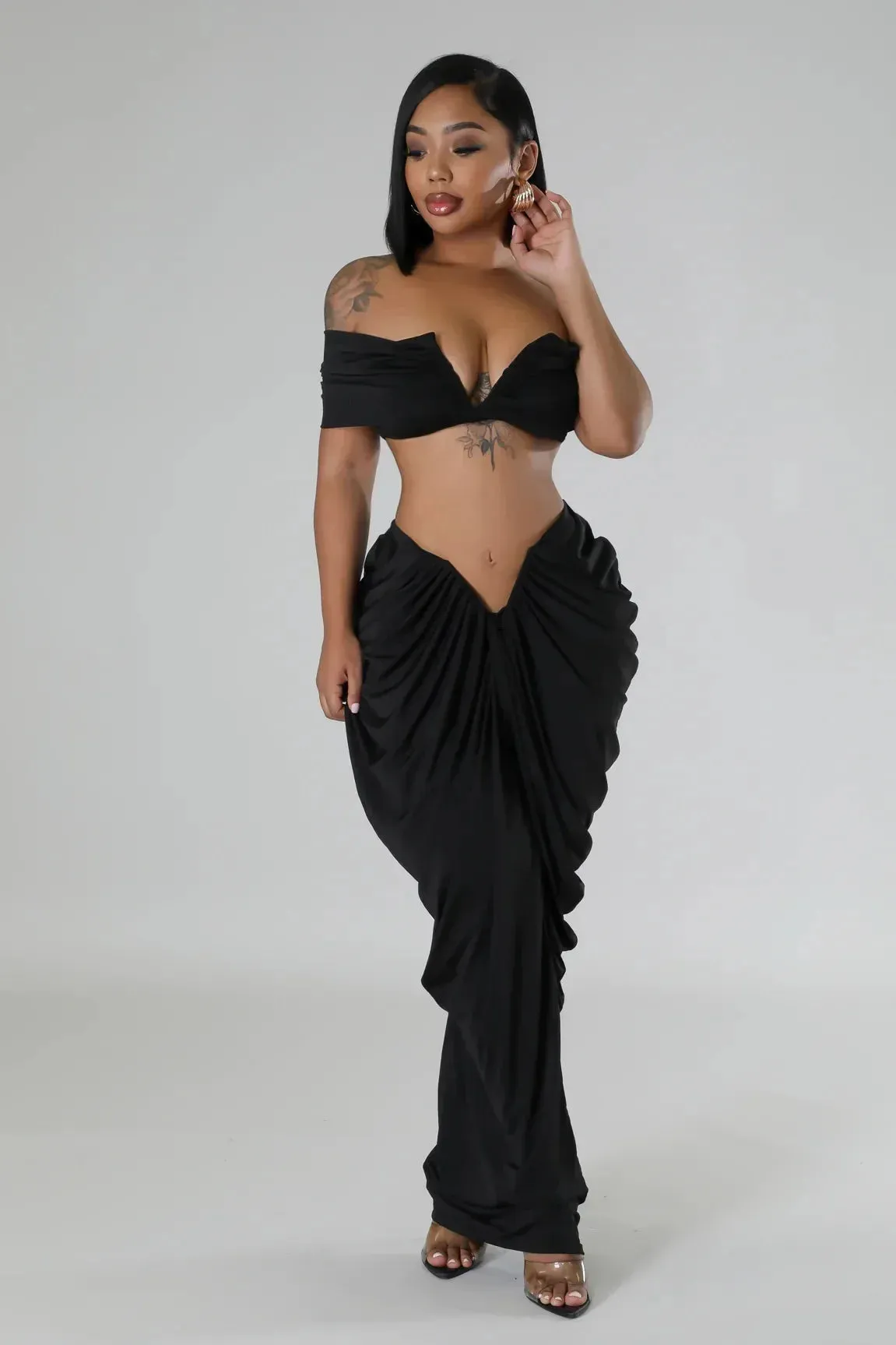 Pleated Strapless Crop Top and Long Skirt Suit