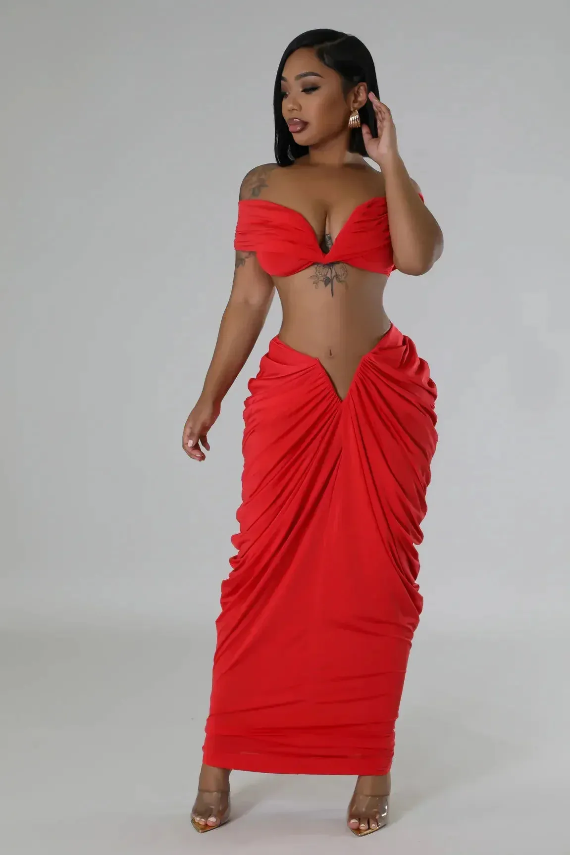 Pleated Strapless Crop Top and Long Skirt Suit