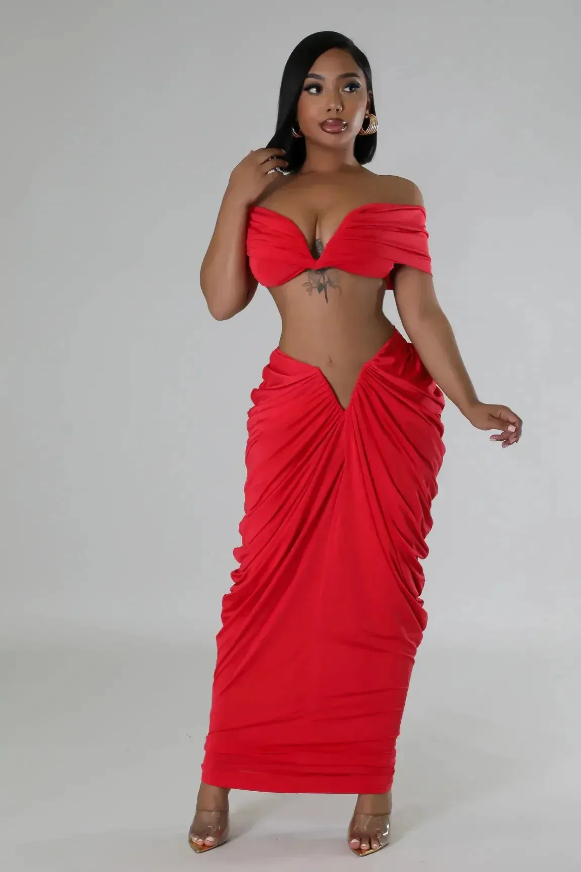 Pleated Strapless Crop Top and Long Skirt Suit