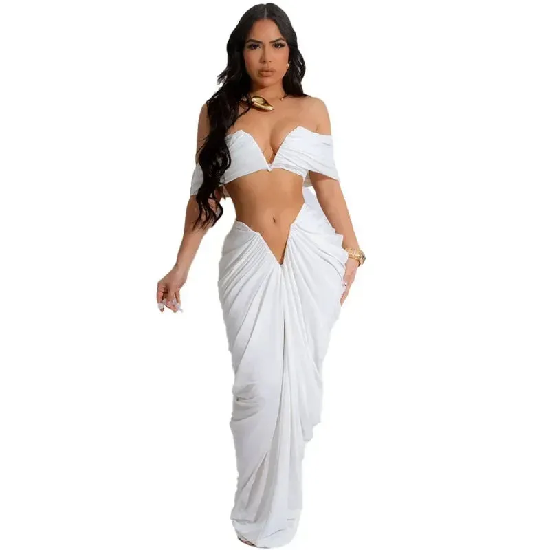 Pleated Strapless Crop Top and Long Skirt Suit