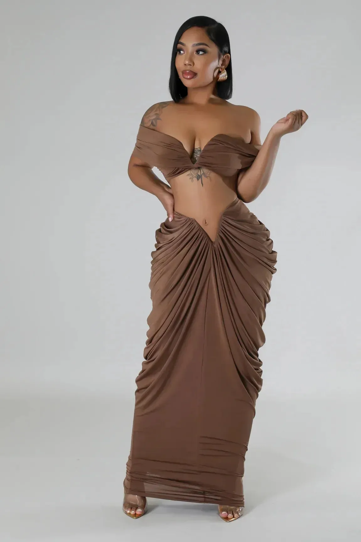 Pleated Strapless Crop Top and Long Skirt Suit