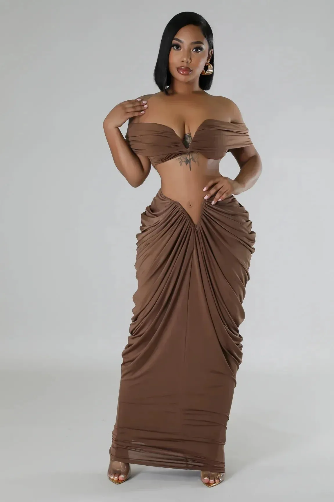 Pleated Strapless Crop Top and Long Skirt Suit