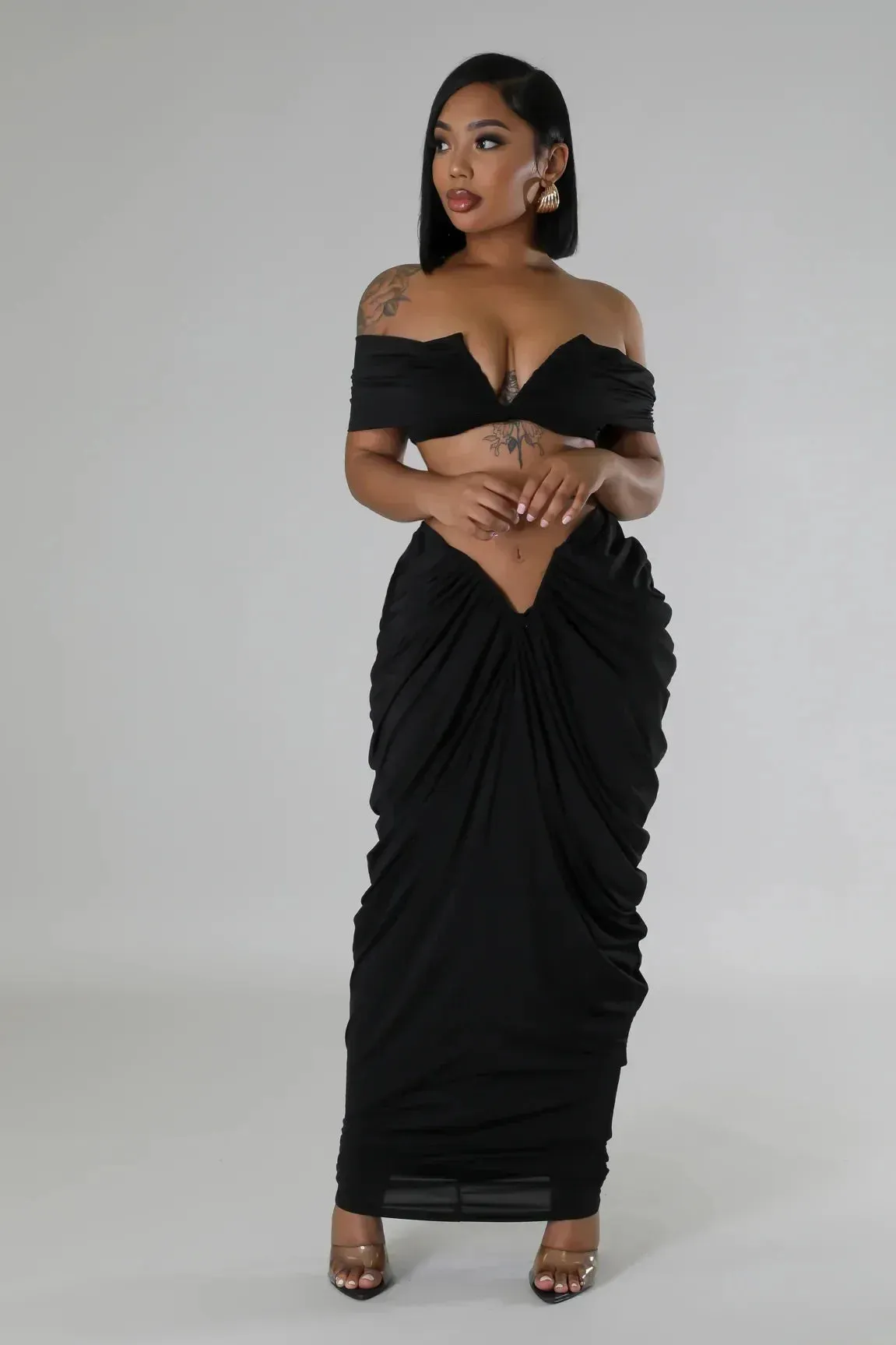 Pleated Strapless Crop Top and Long Skirt Suit