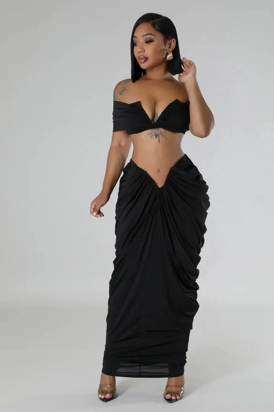 Pleated Strapless Crop Top and Long Skirt Suit
