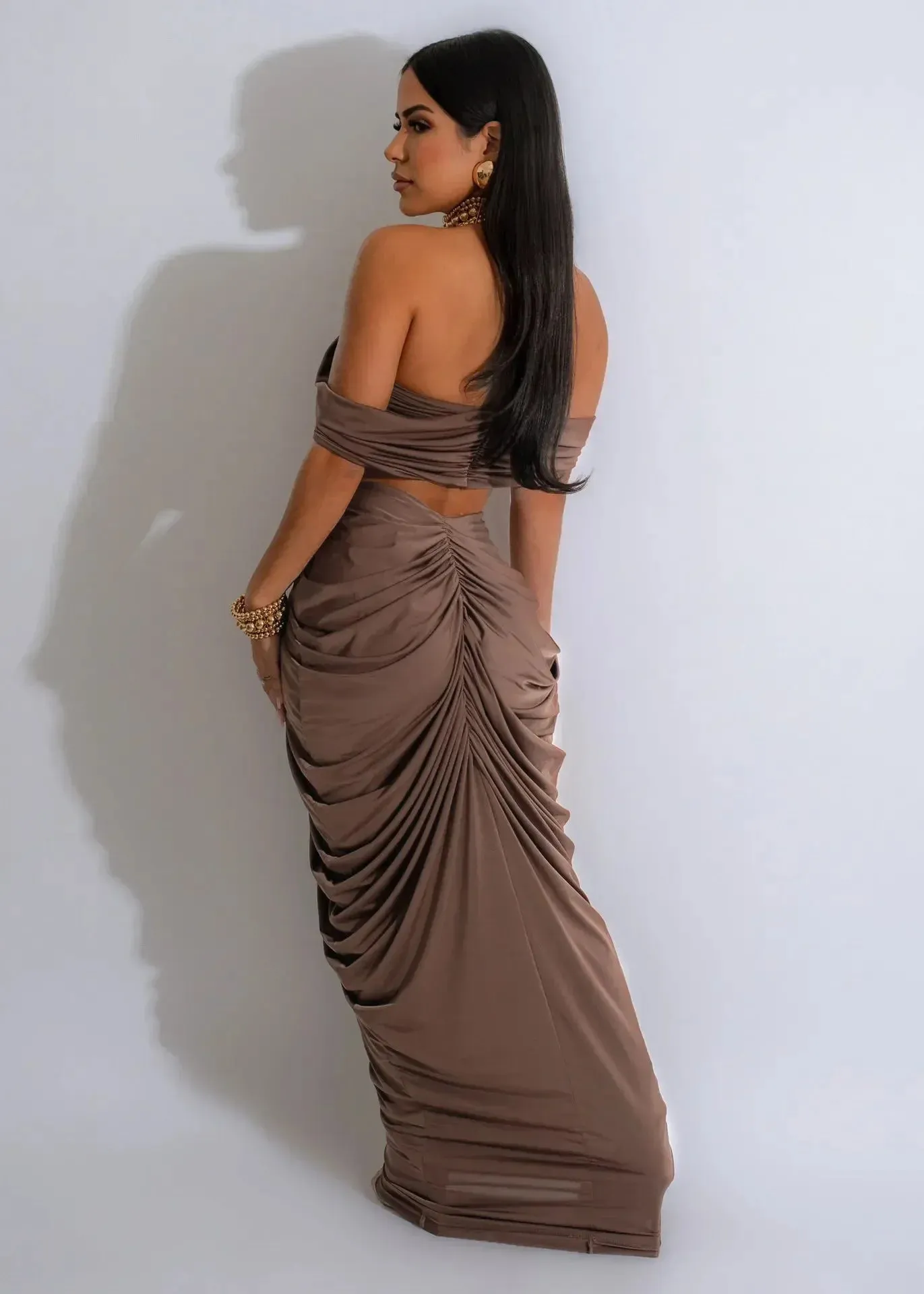Pleated Strapless Crop Top and Long Skirt Suit