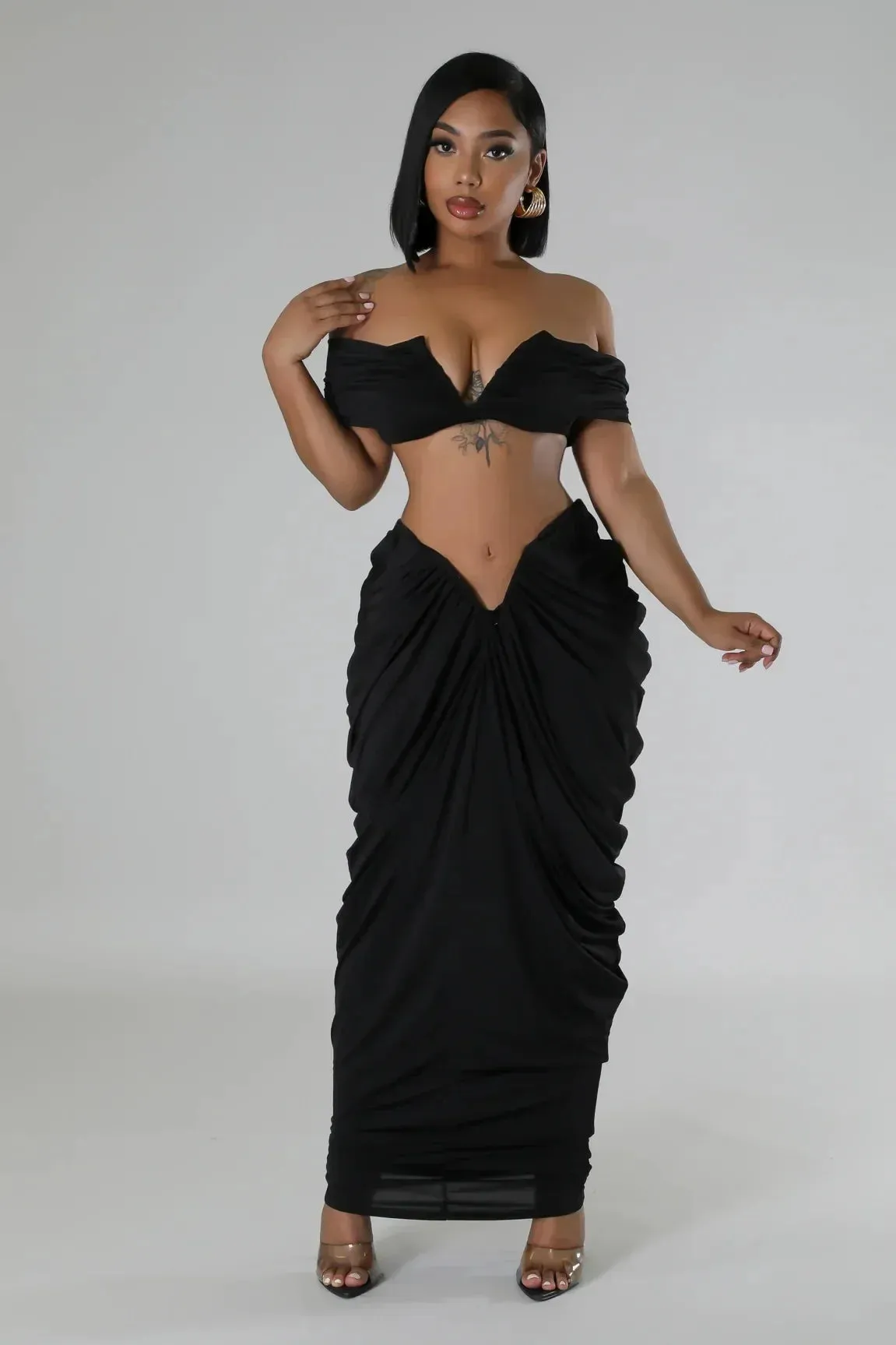 Pleated Strapless Crop Top and Long Skirt Suit