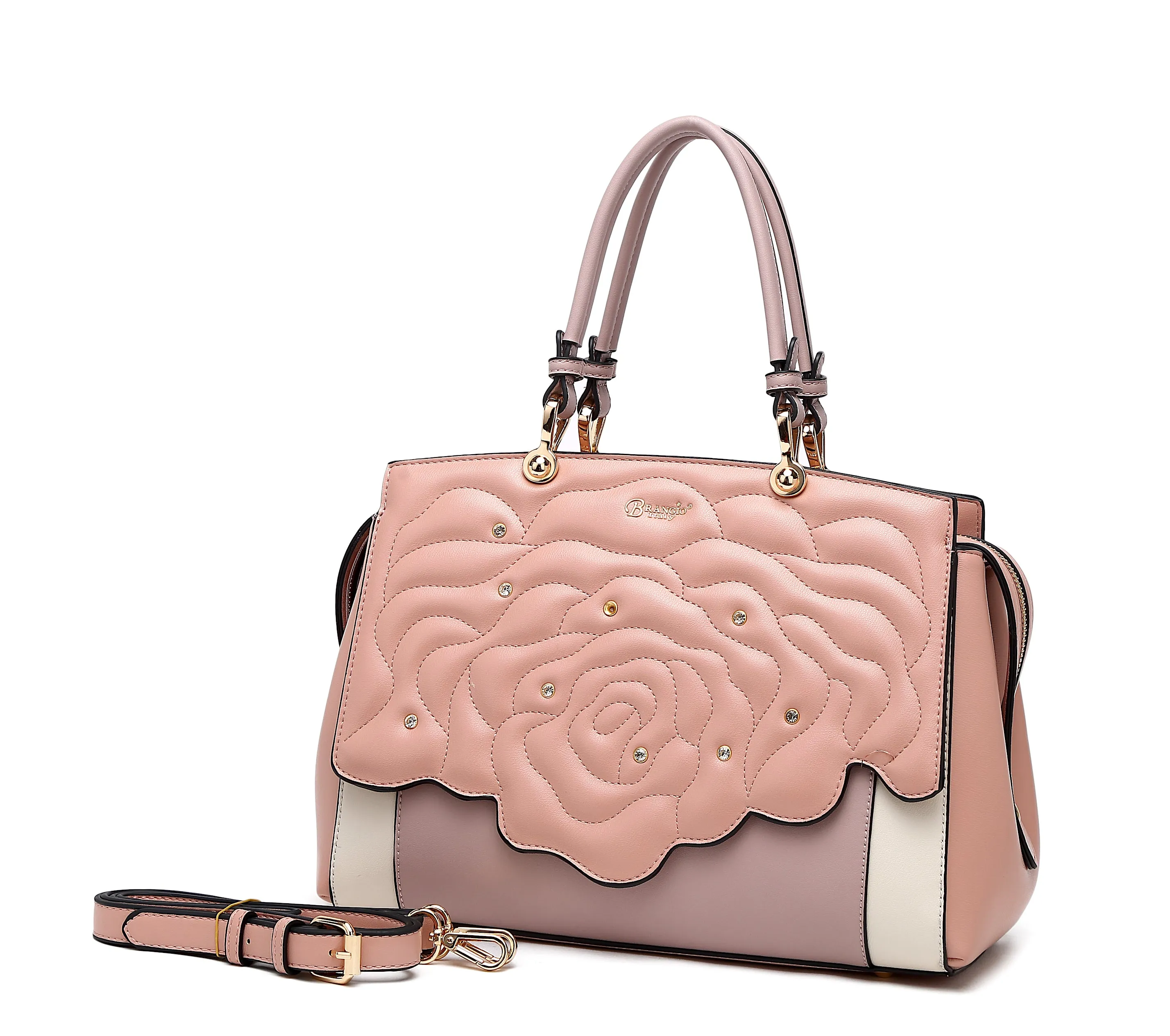 Rosette 3d Crystal Vegan Leather Metallic Handbag