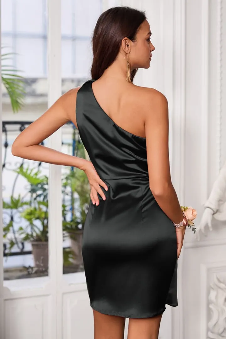 Satin One Shoulder Tie Waist Party Mini Dresses