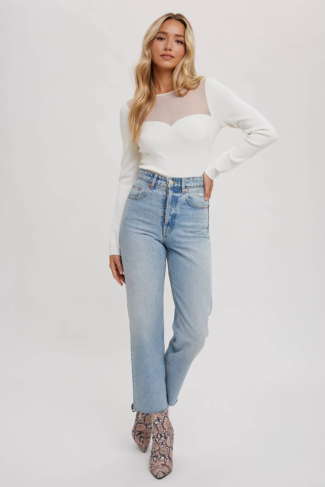 SEMI SHEER SWEETHEART NECK TOP: IVORY