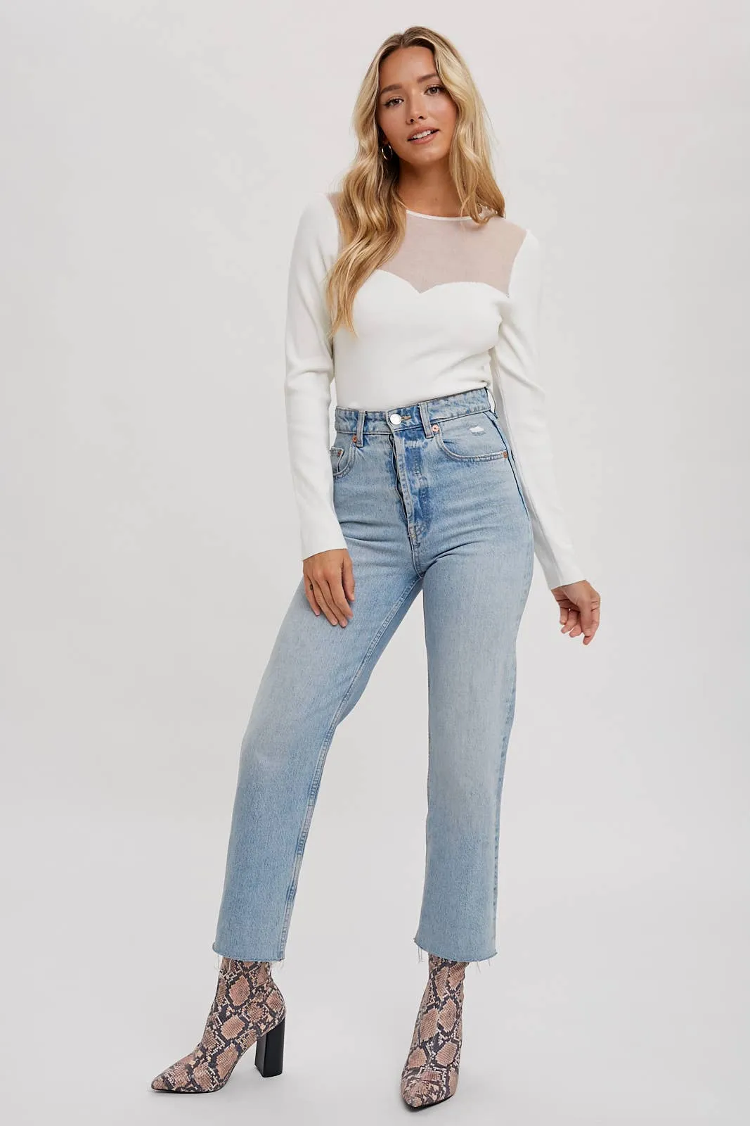 SEMI SHEER SWEETHEART NECK TOP: IVORY