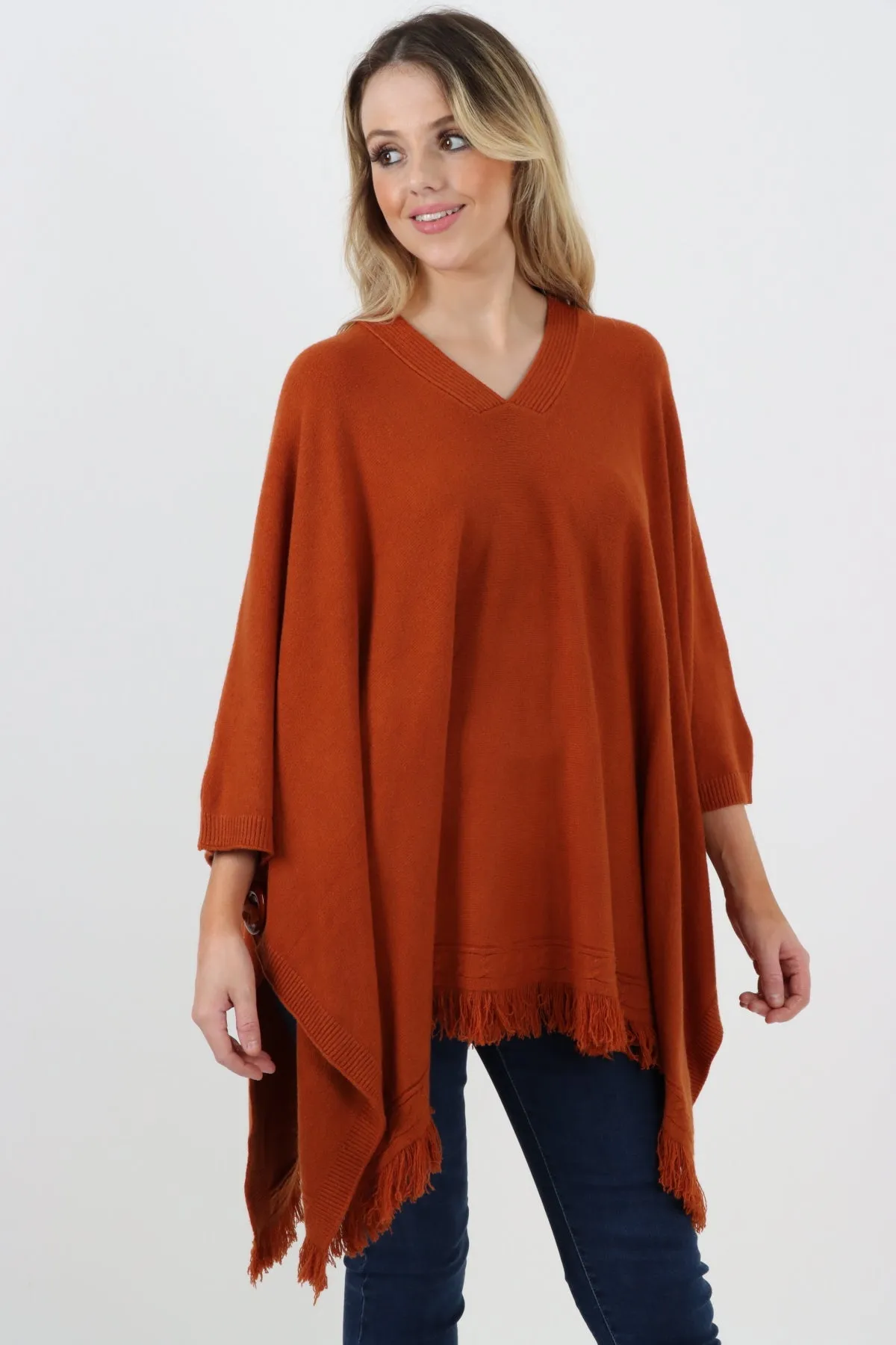 Side Button Detail Raw Edge Ponchos Jumper Top