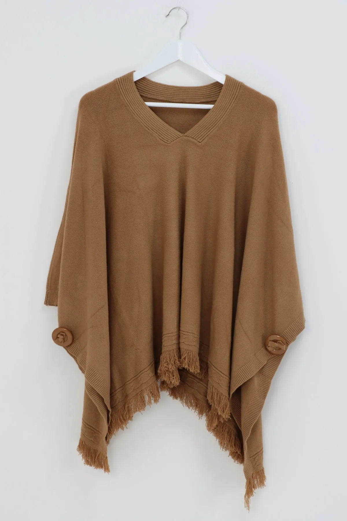 Side Button Detail Raw Edge Ponchos Jumper Top